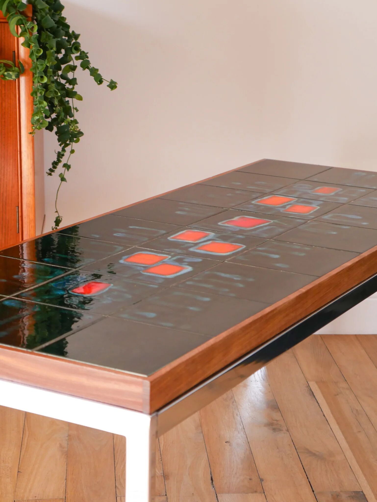 Table basse en céramique, teck & chrome, design, 1970