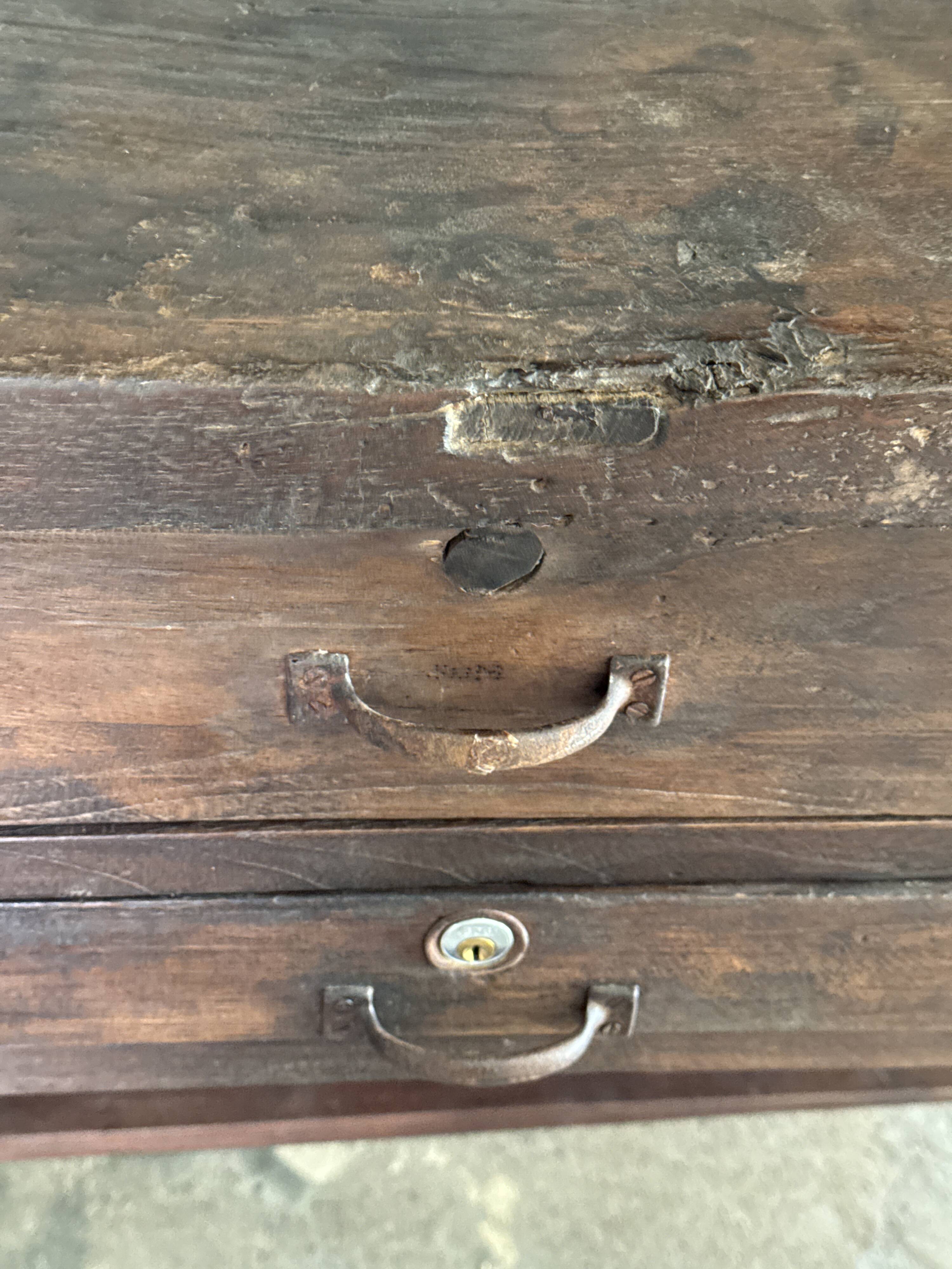 Antique Indonesian teak workbench with two drawers and stretcher H89.