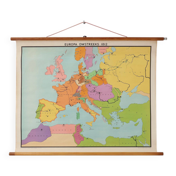 Vintage Historical Wall Map of Europe Around 1812, Belgium, 1950s