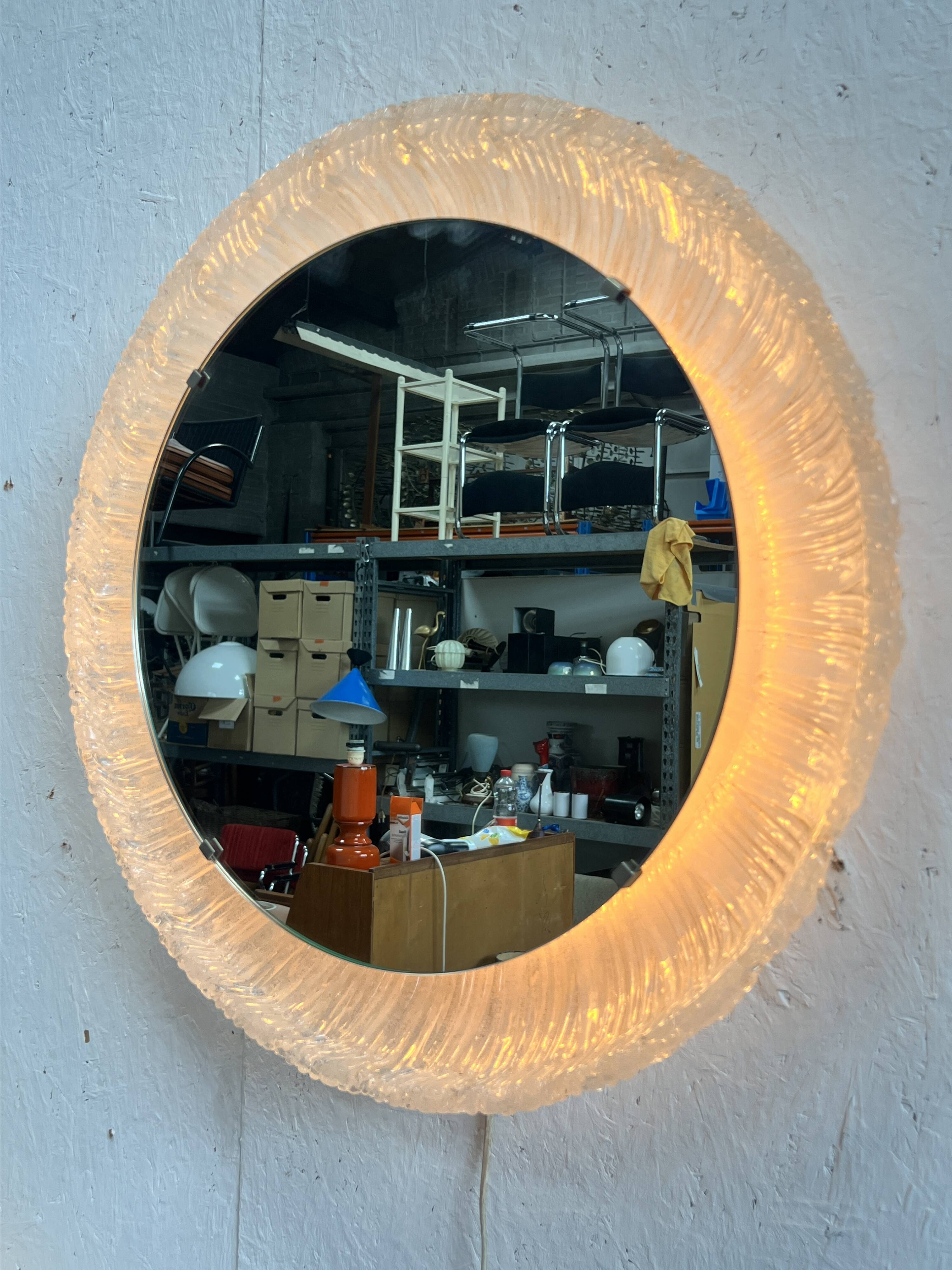 Vintage Round Hillebrand Iceglass Mirror with Lighting