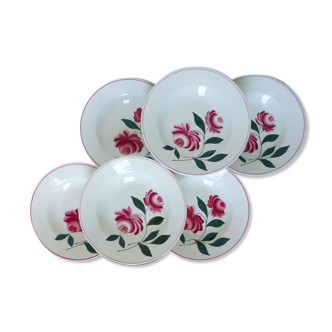 6 vintage soup plates from Printemps Paris, Essonnes model, hand-painted in porcelain