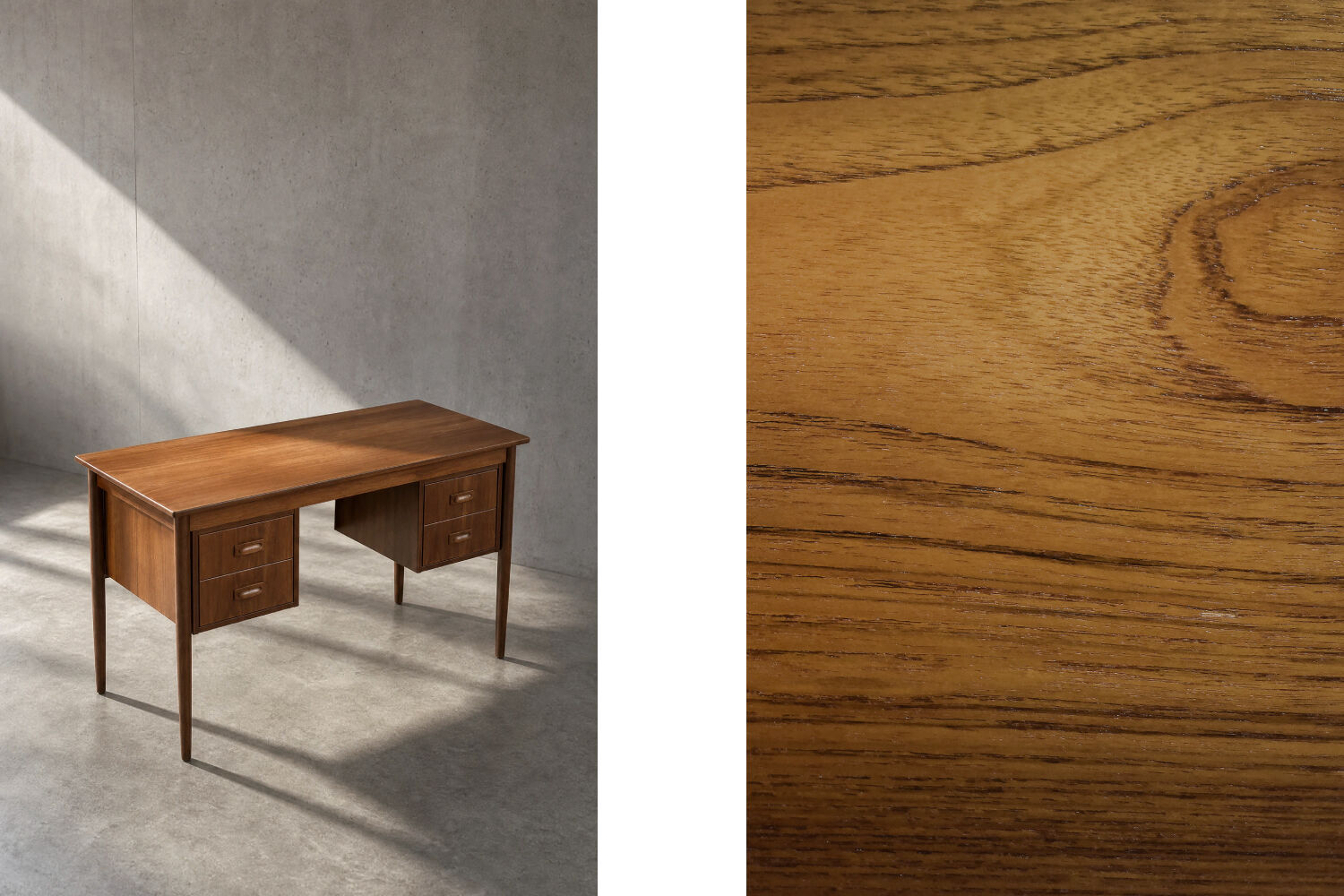 Bureau vintage scandinave moderne en teck des années 1960 avec tiroirs.