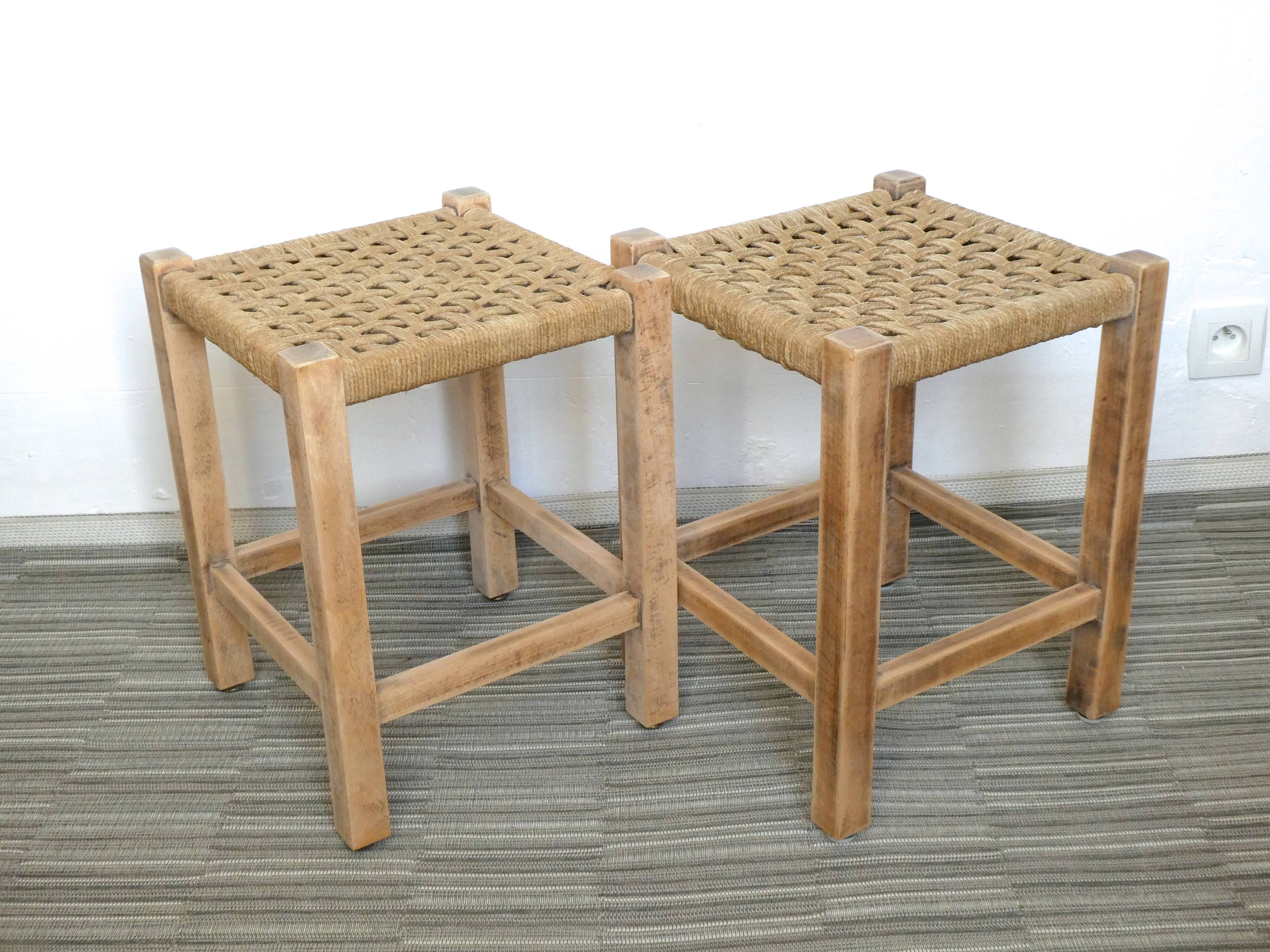 Paire de tabourets en bois et corde années 60