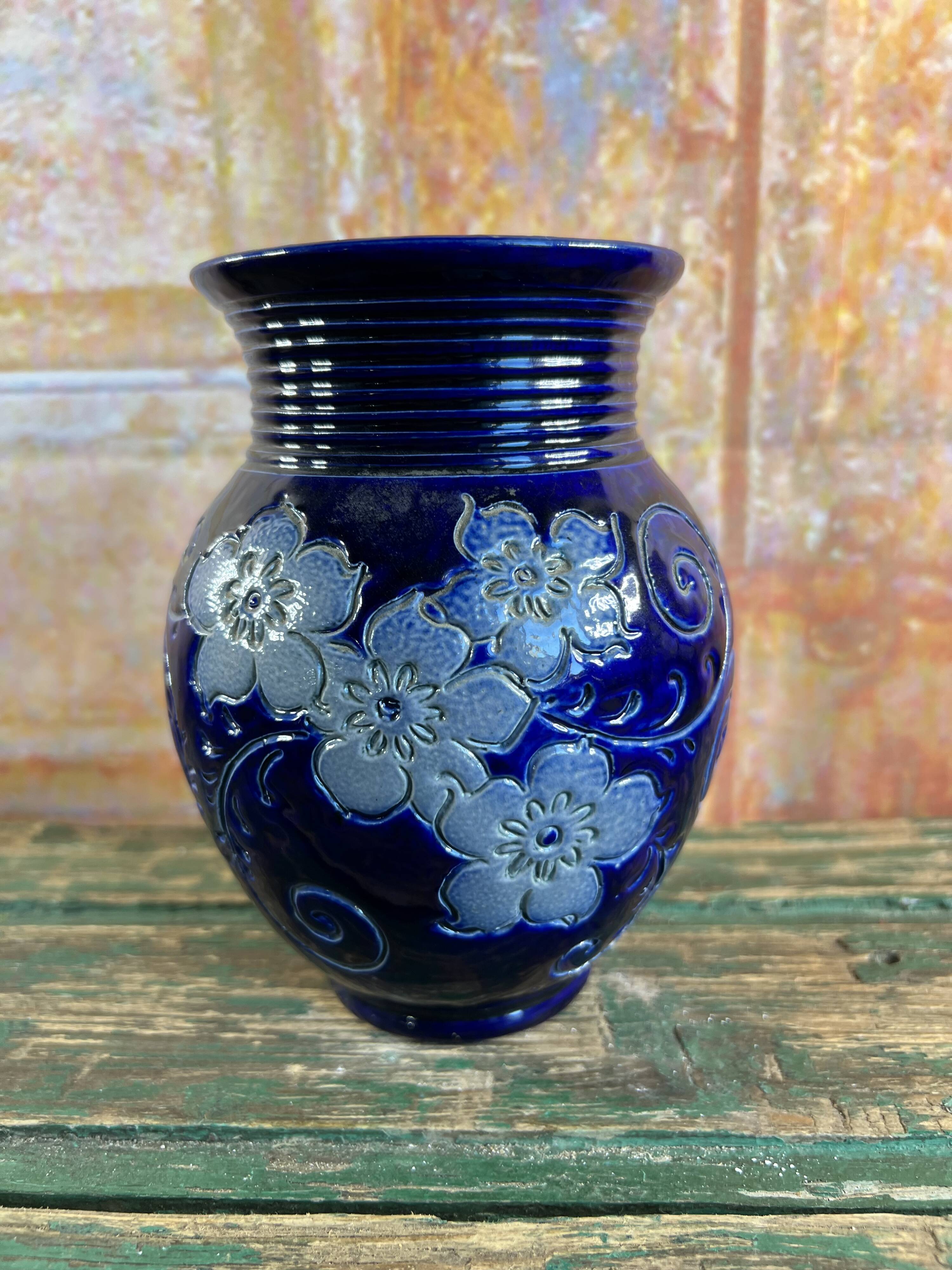 Antique Betschdorf stoneware vase Alsace stork decoration