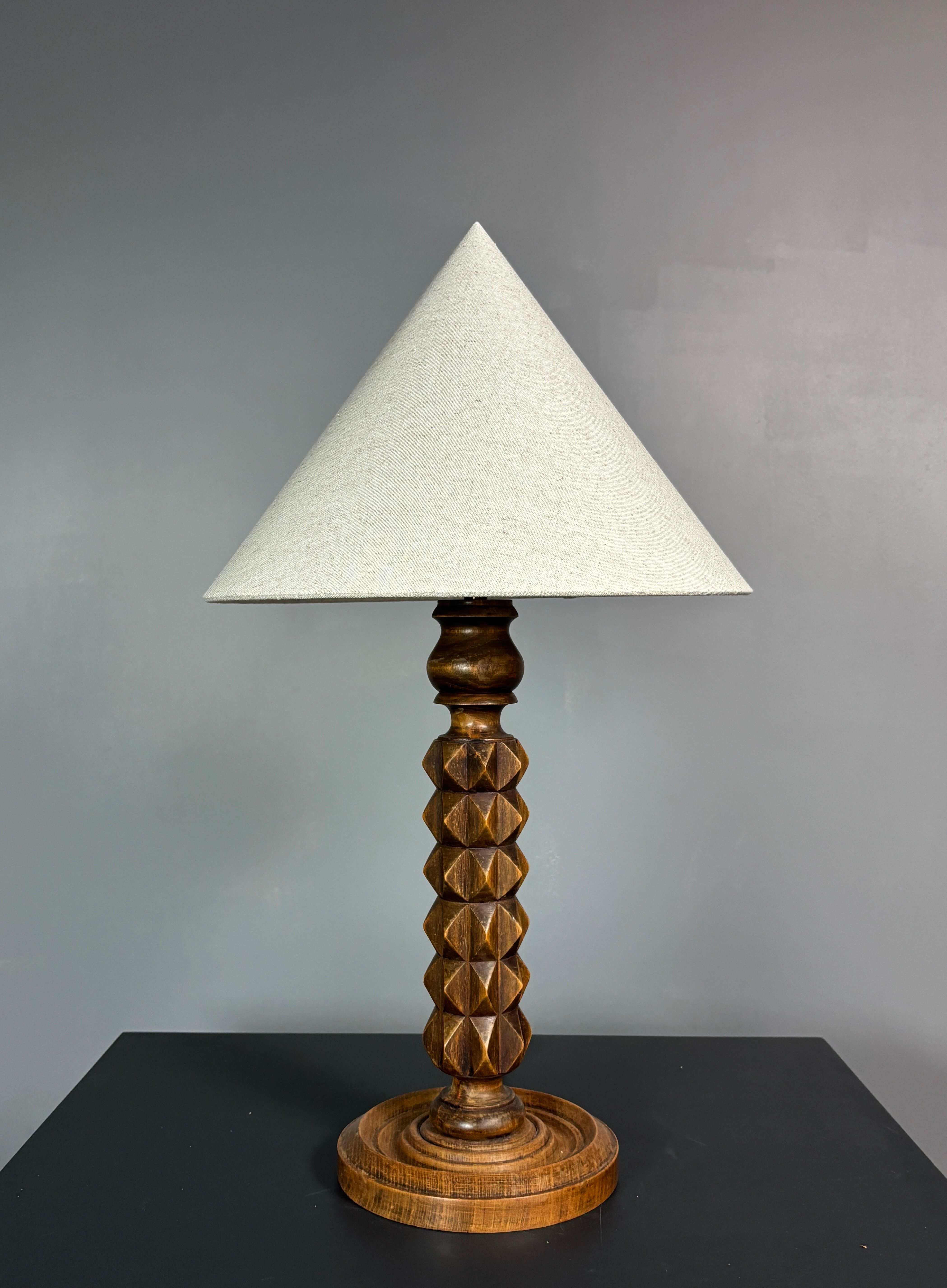 Brutalist Wood Turned Table Lamp in the style of Charles Dudouyt, 1950s