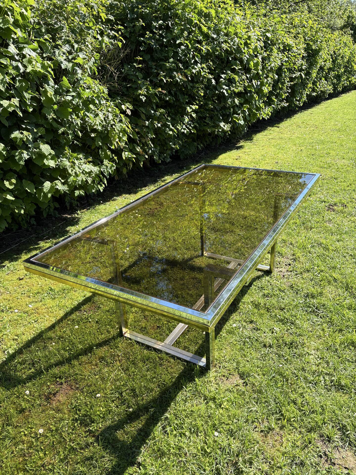 Vintage design dining table in smoked glass & chrome metal
