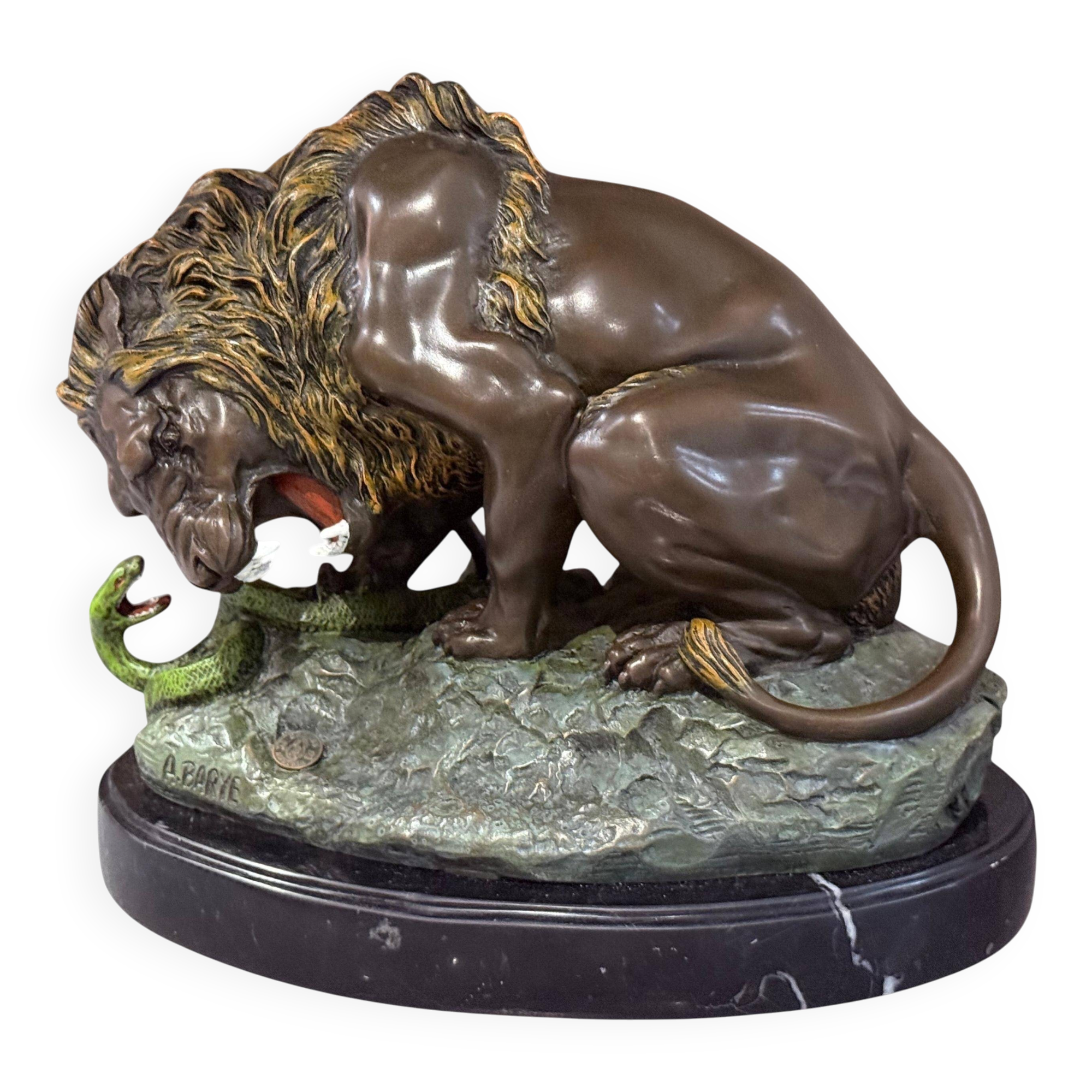 Antique Cold-Painted Bronze Lion Fighting a Snake, After Antoine-Louis Barye
