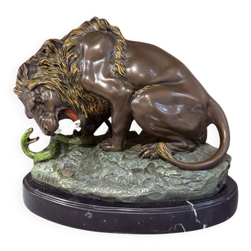 Antique Cold-Painted Bronze Lion Fighting a Snake, After Antoine-Louis Barye