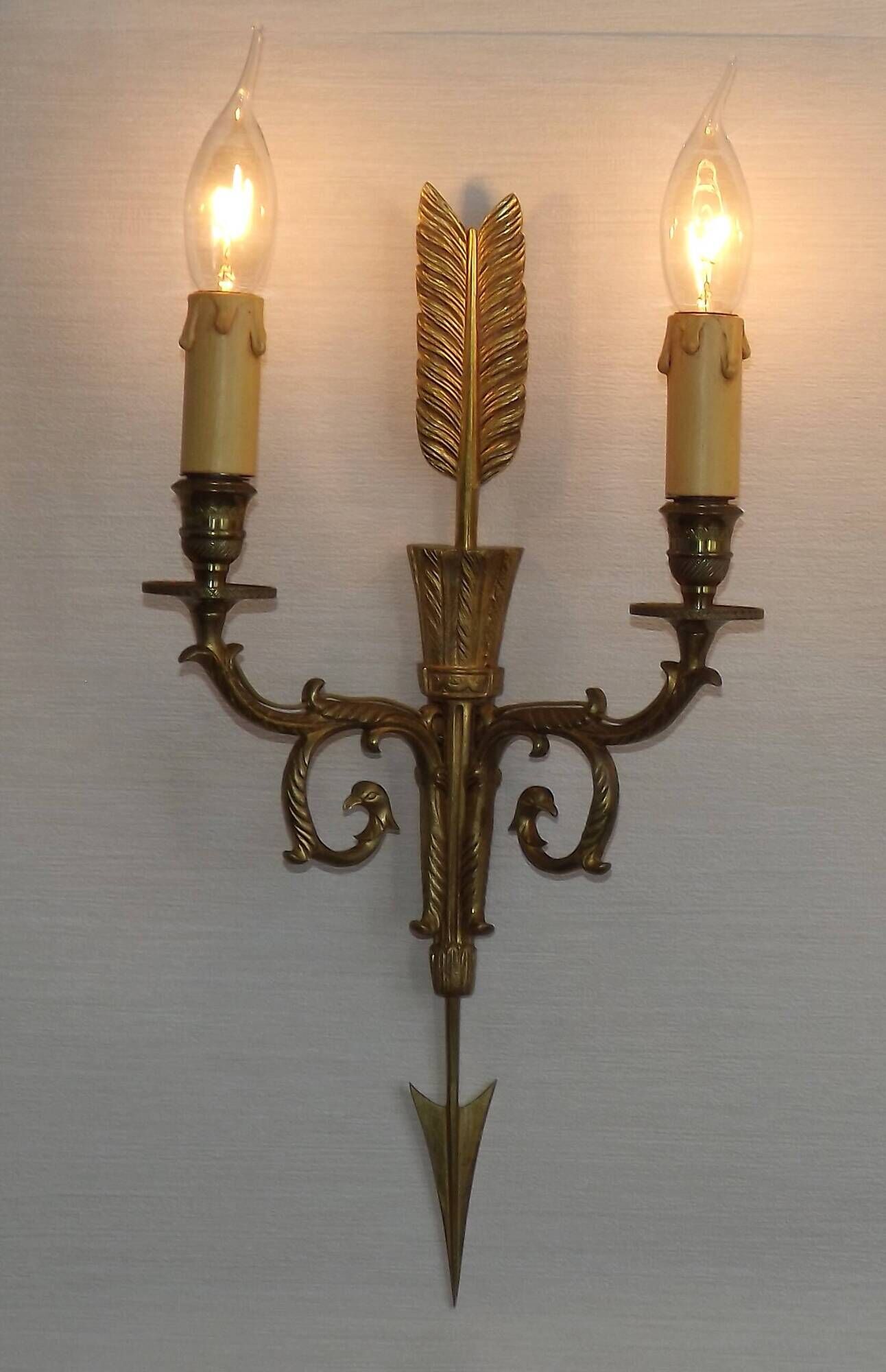 Vintage French Empire Arrow & Quiver Eagle Head Bronze Double Wall Sconces