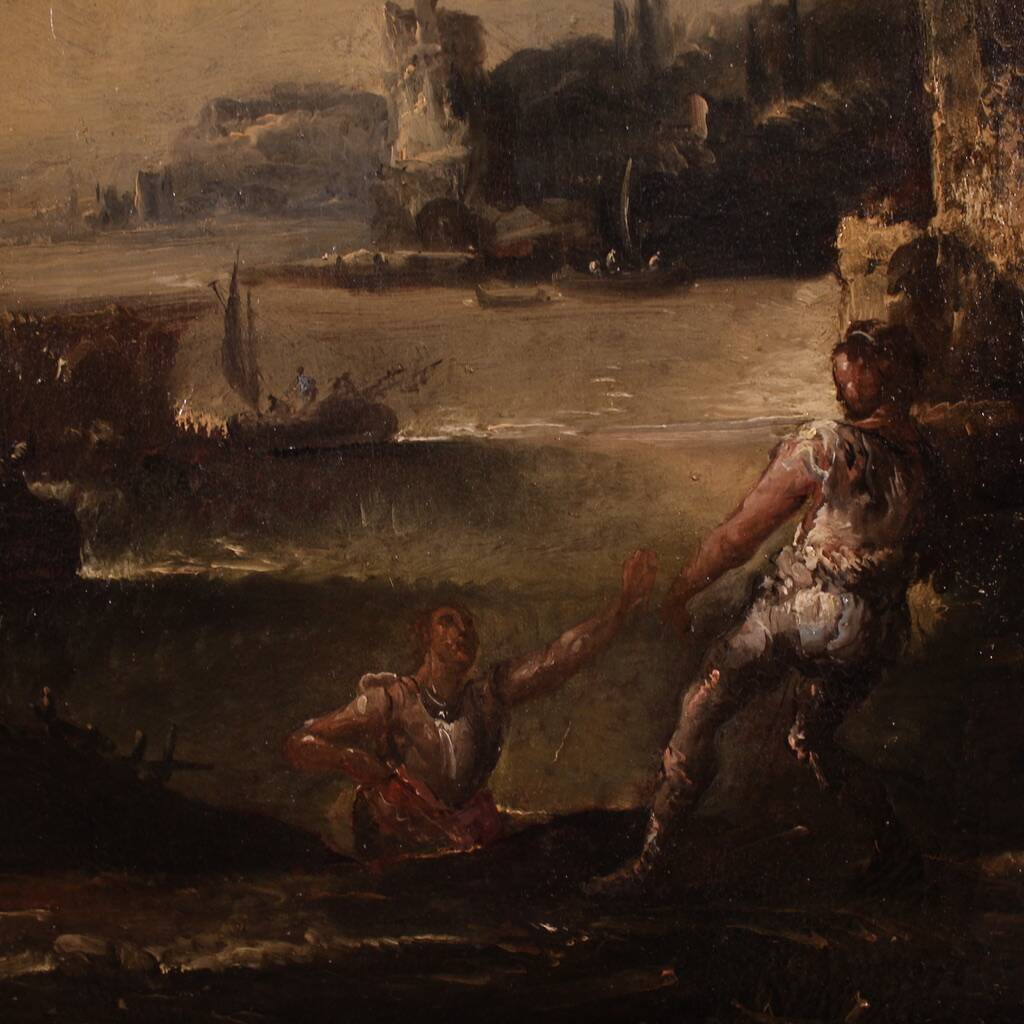 Great 18th century painting landscape with knights