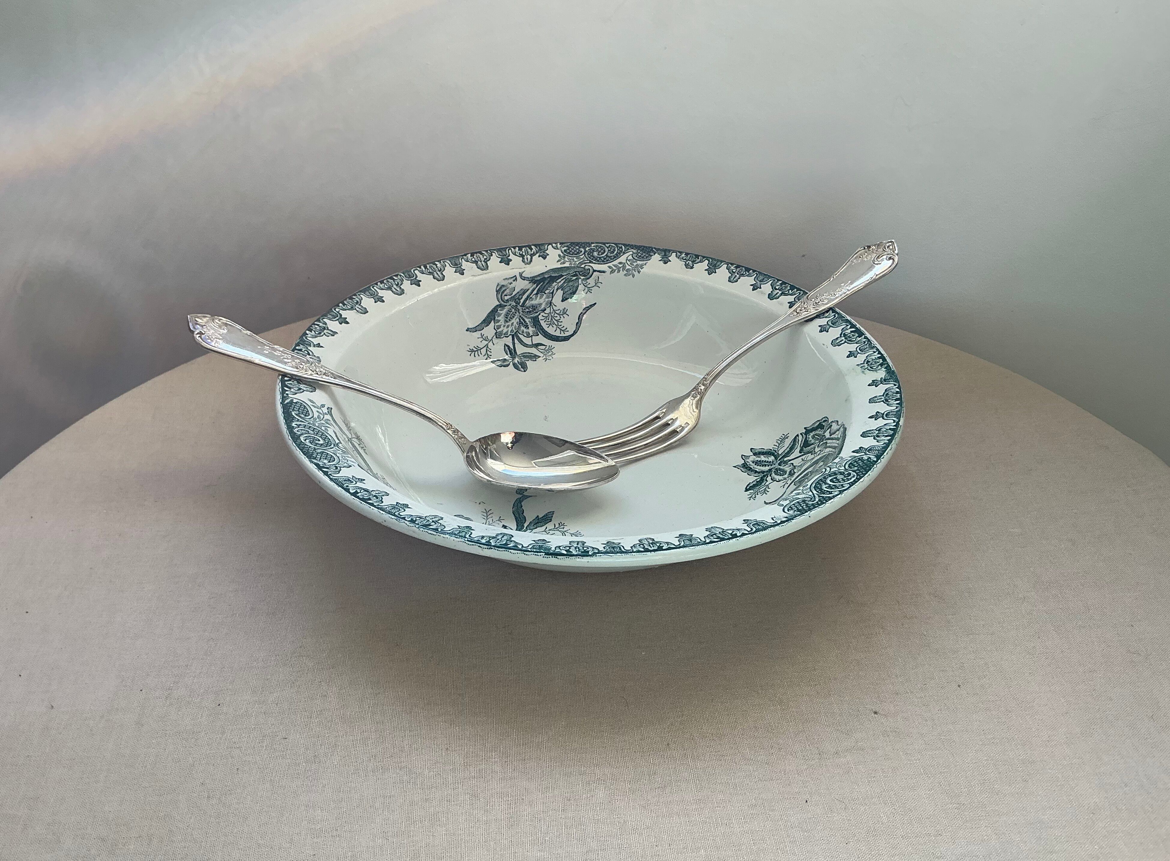 Old hollow dish, Ironstone, green floral decoration, 28 cm.