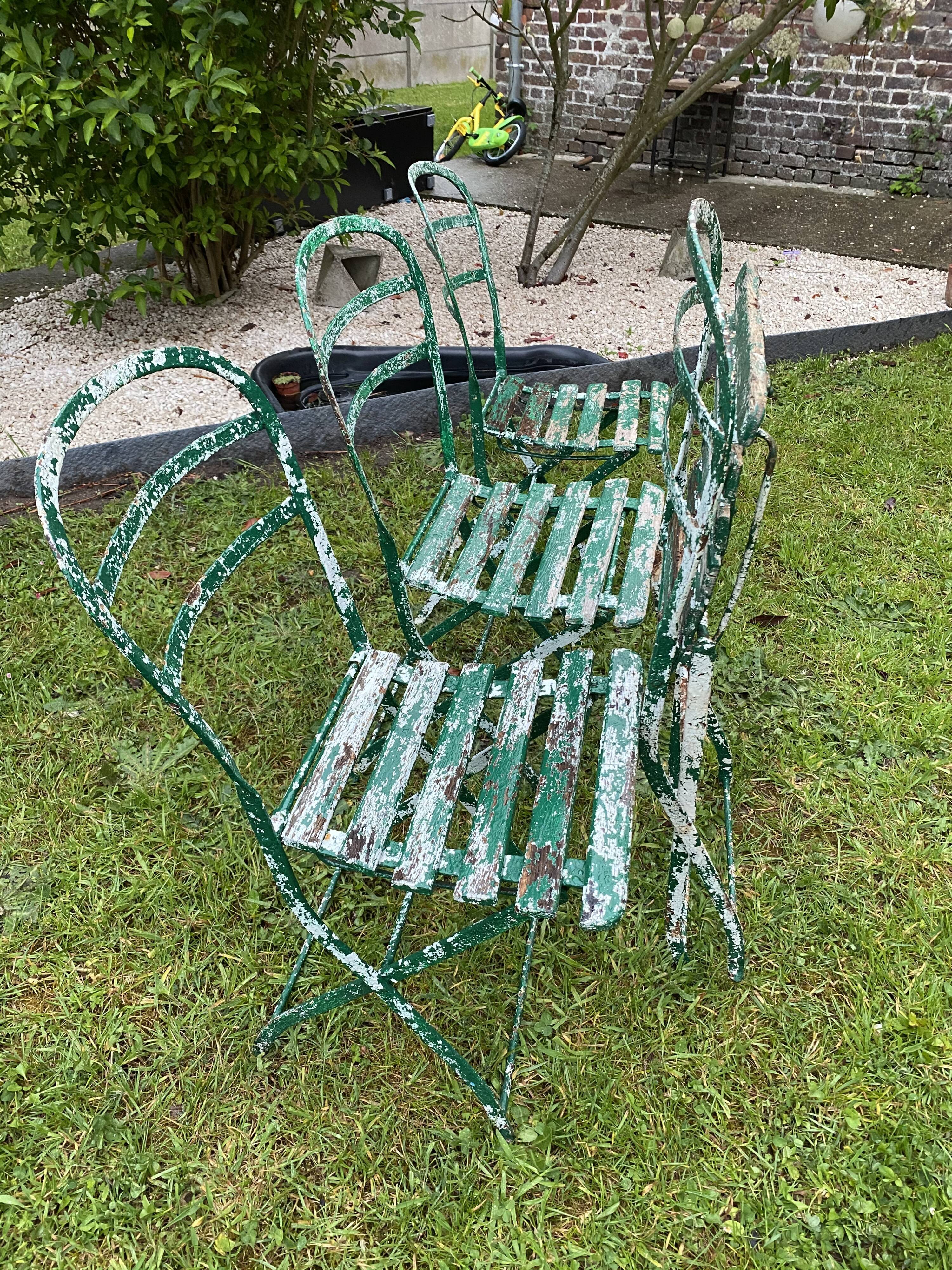 4 metal and wood garden chairs 1930