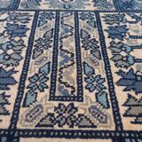Handcrafted oriental blue and white rug Tunisia vintage fringes