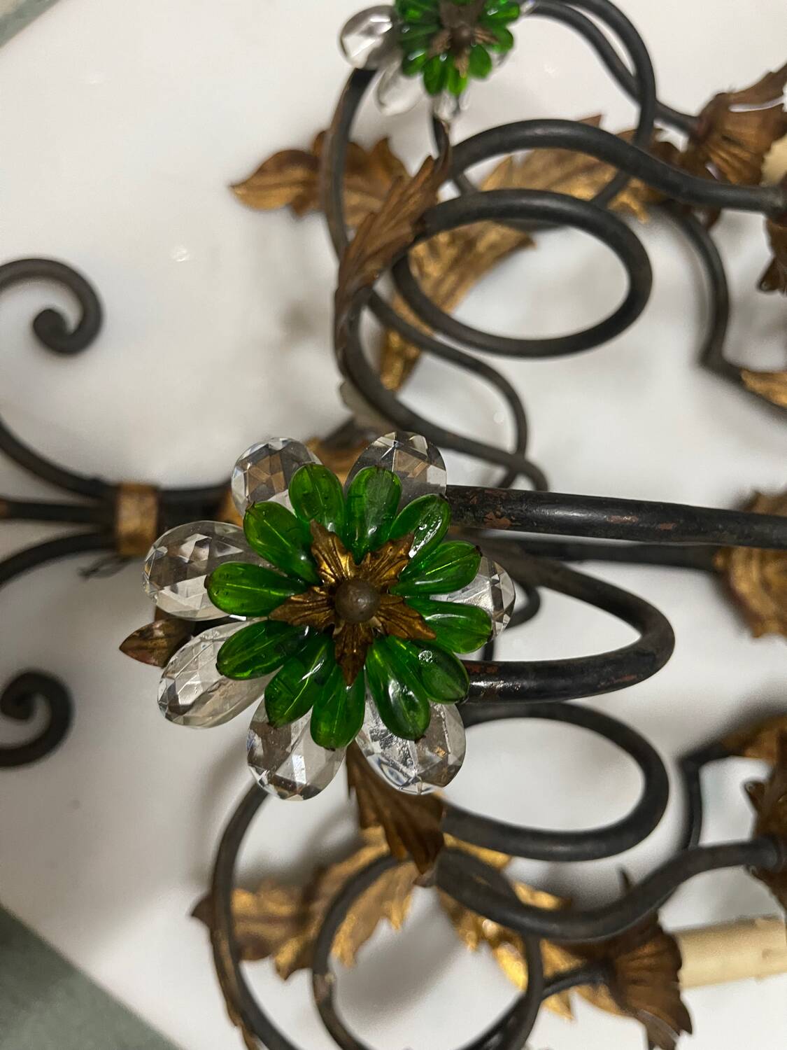 Extra Large Italian Tole Wall Light Sconce with Murano Glass Flowers
