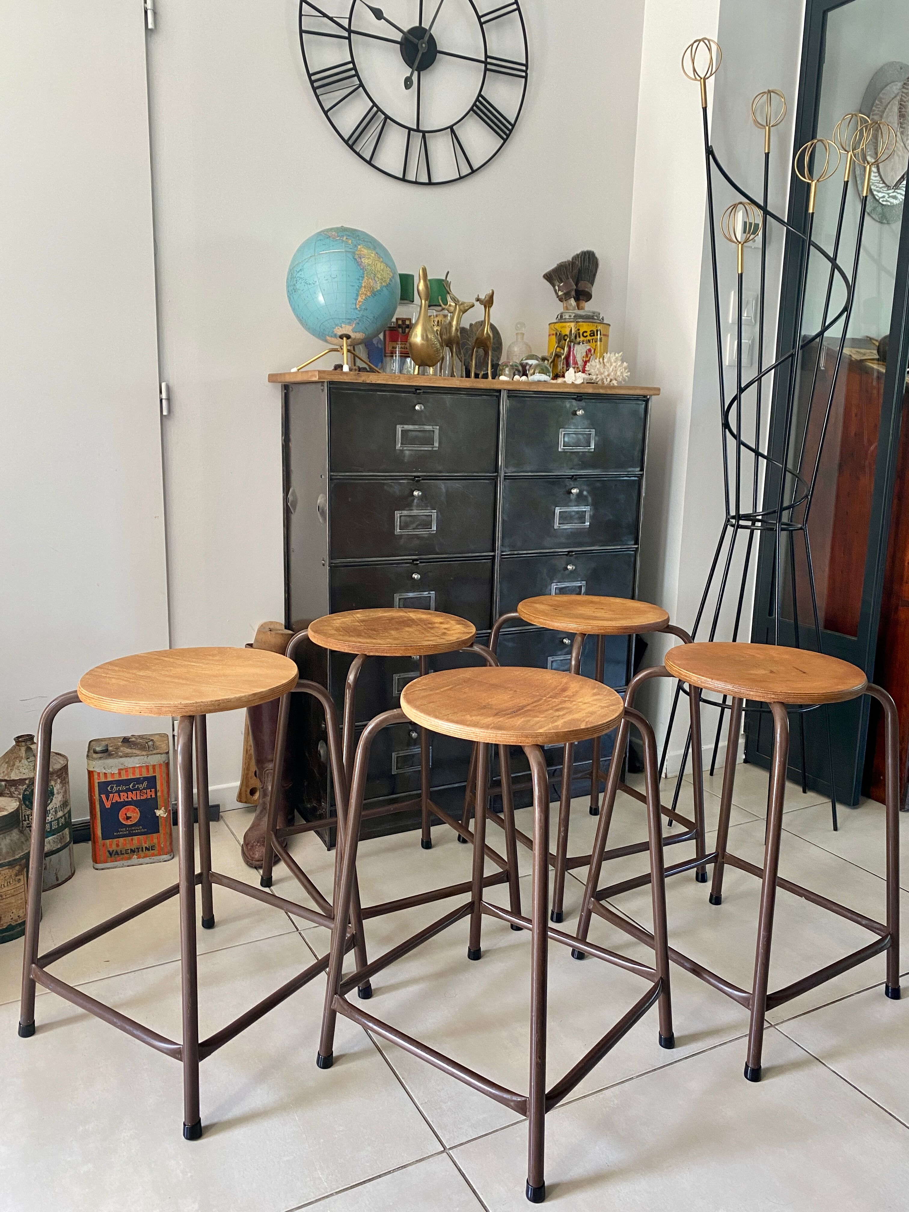 Series of 5 metal and wood workshop stools