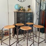 Series of 5 metal and wood workshop stools