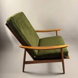Fauteuil scandinave – revêtement vert, bois de hêtre, vintage
