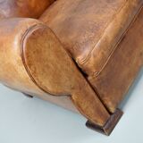 French moustache back cognac-colored leather club chair, 1940s