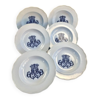 6 anciennes assiettes creuses à soupe Brown Westhead Moore & co monogramme XIX
