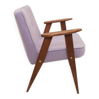 Mid-century modern armchair, oak wood, natural wool.