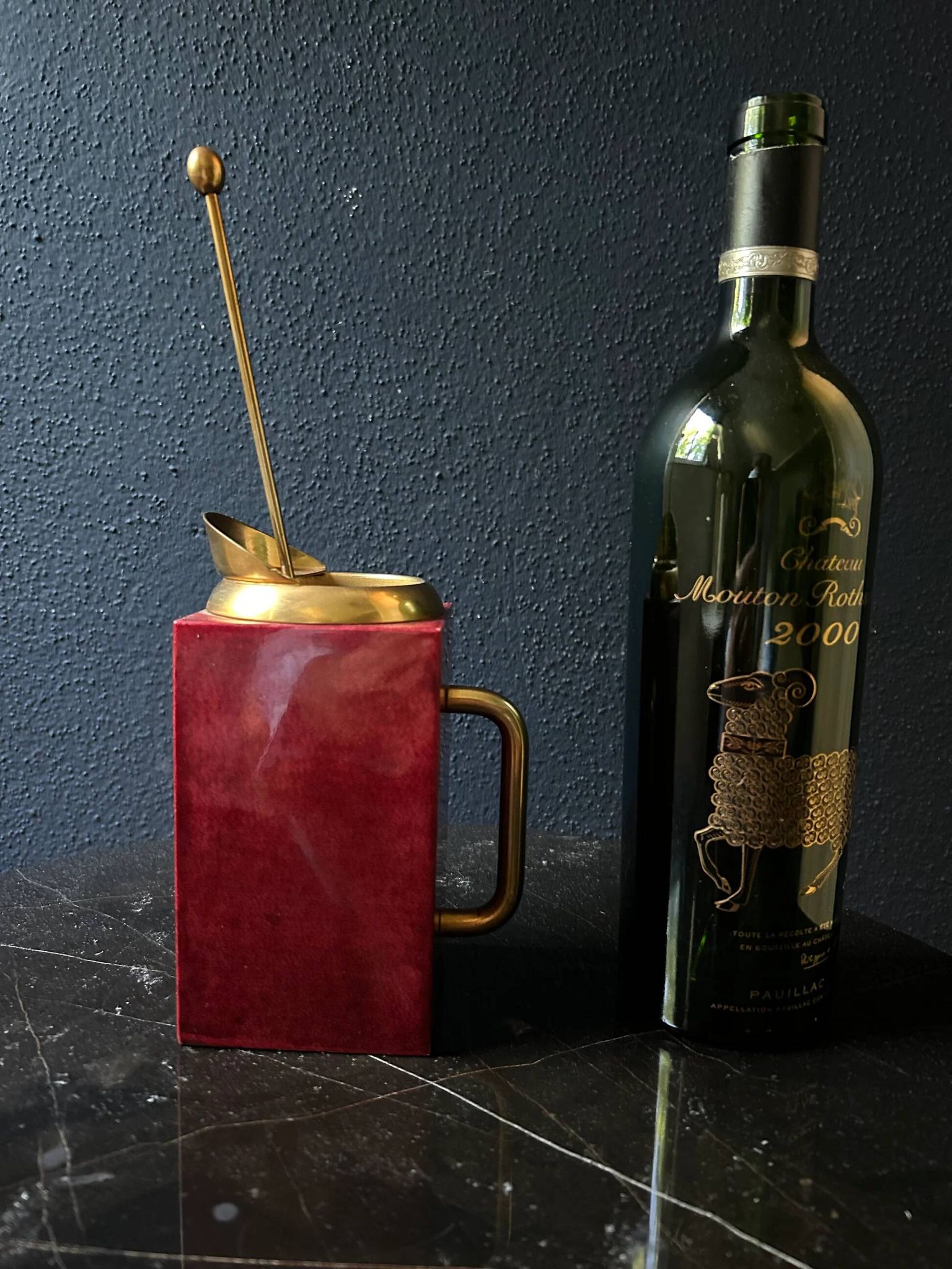 Aldo Tura red mixing pitcher with mixing spoon, Italy 1970s
