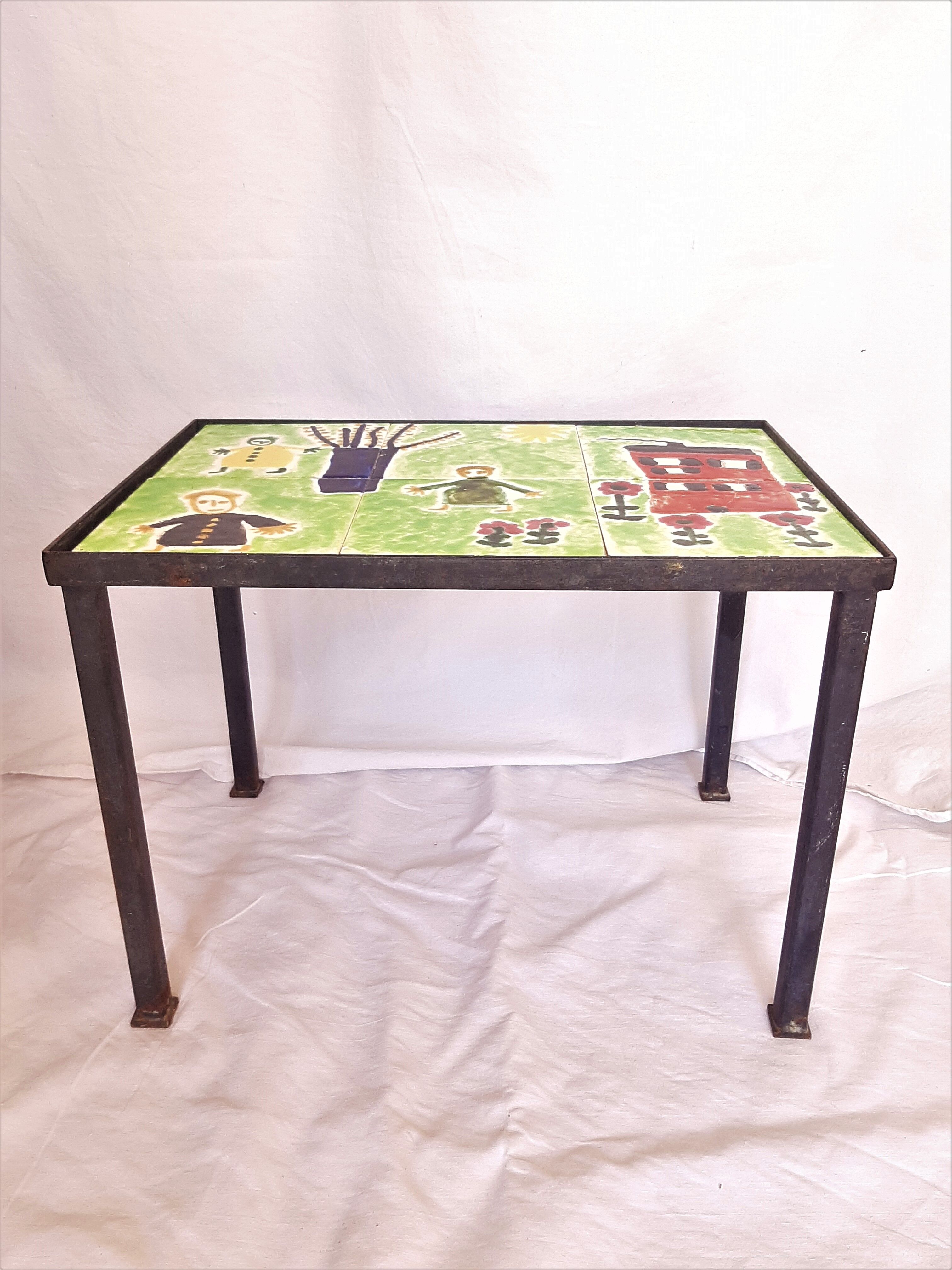 Children's coffee table, 70s with naïve drawing on ceramics, iron frame