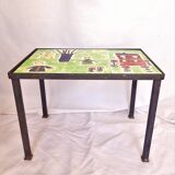 Children's coffee table, 70s with naïve drawing on ceramics, iron frame