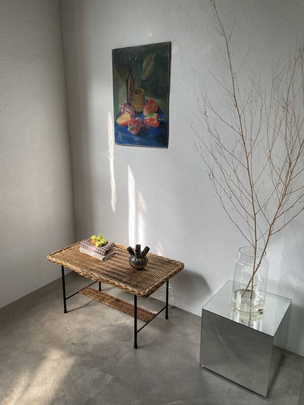 Table basse osier tressé et métal 1960