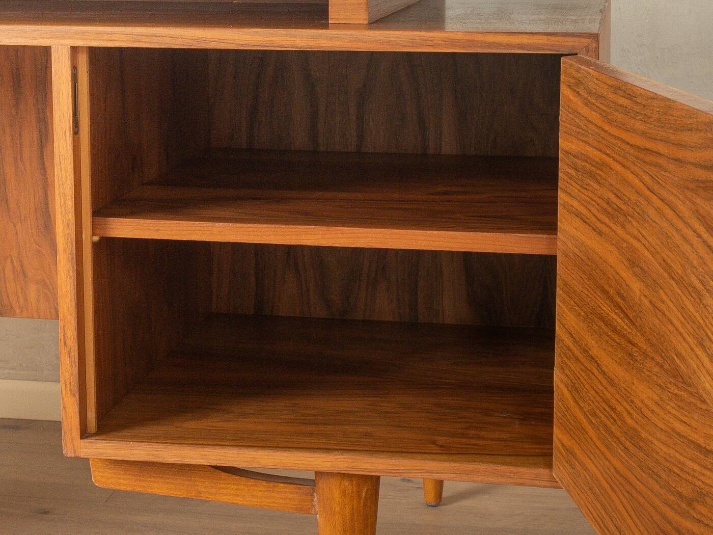 1960s walnut veneer desk with drawers and cabinet
