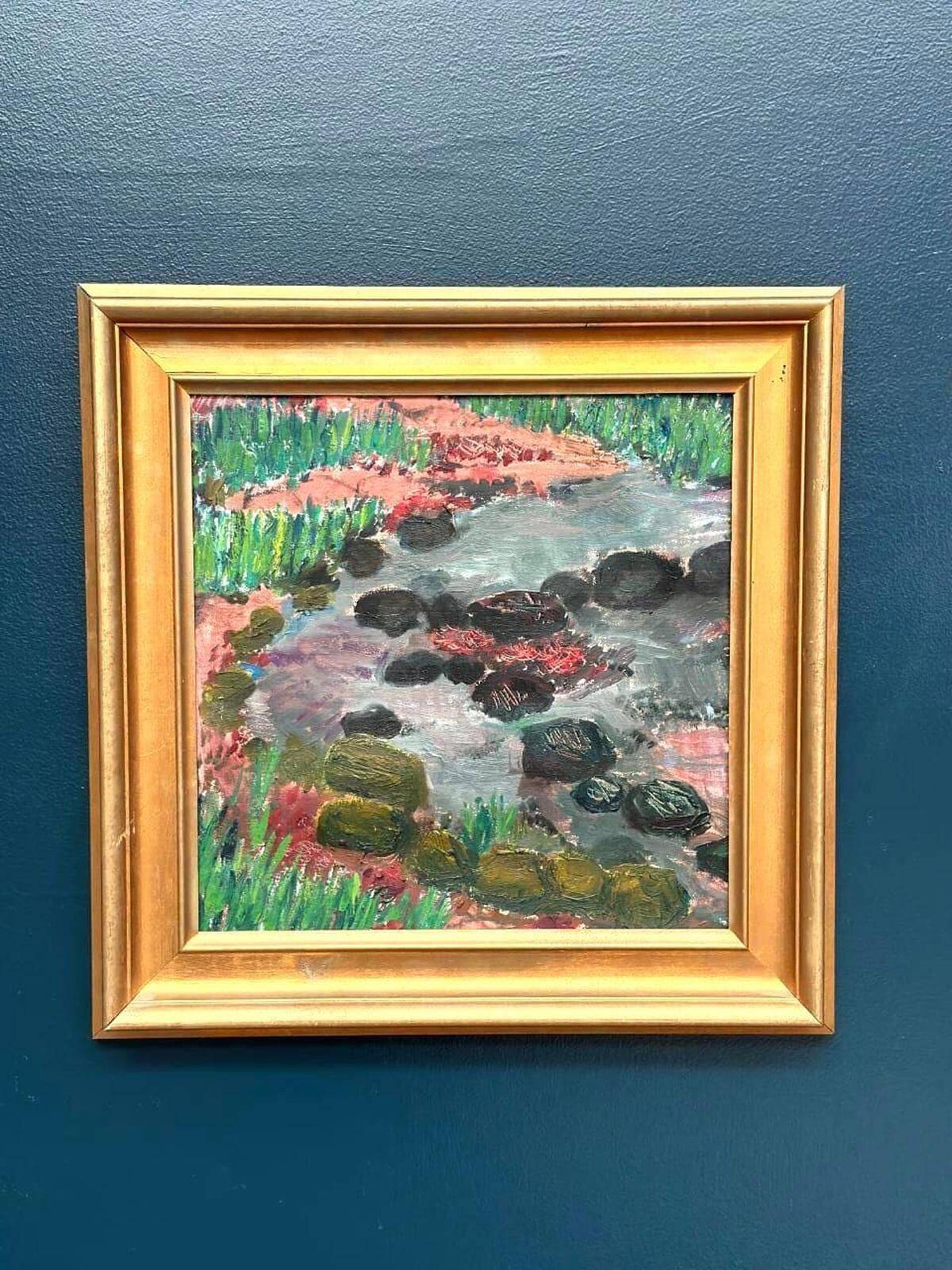 Huile sur toile originale suédoise – « Motif de paysage » par Synnöve Beskow – Vintage et encadrée – 51 × 52 cm (20,1" × 20,5")