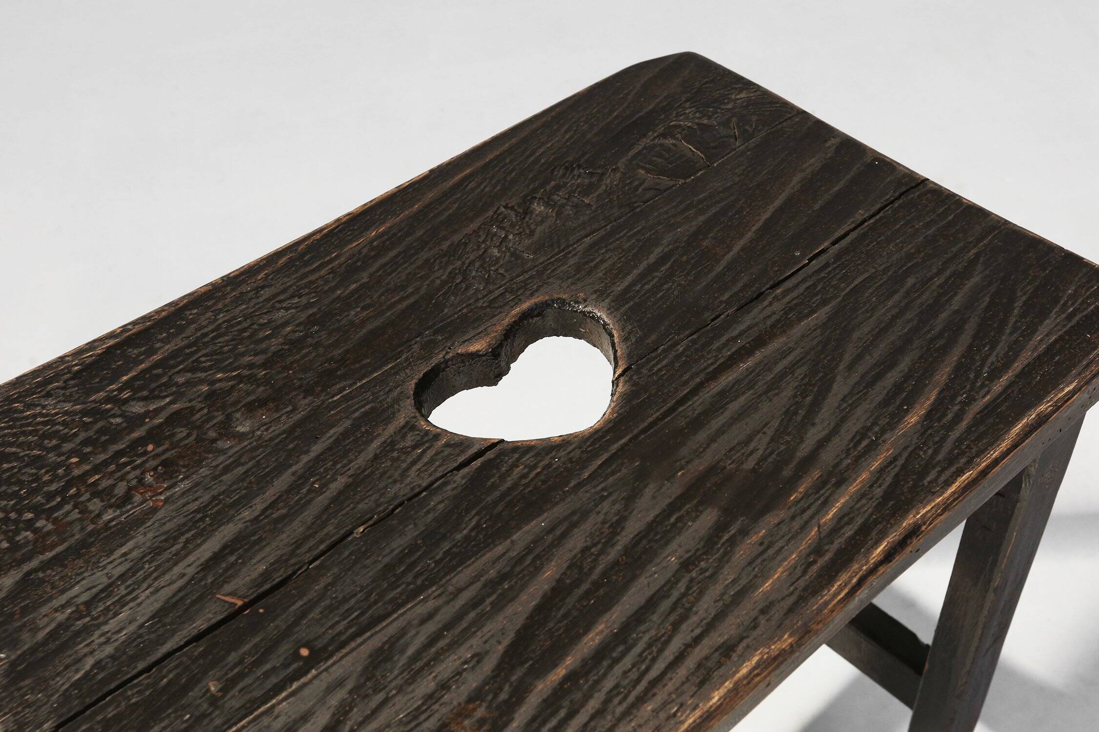 Rustic Handcrafted Black Wooden Stool, France 1920s