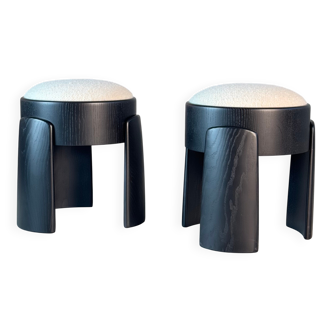Pair of Black Ash Sculptural Stools with Dedar Milano Bouclé, by FORME