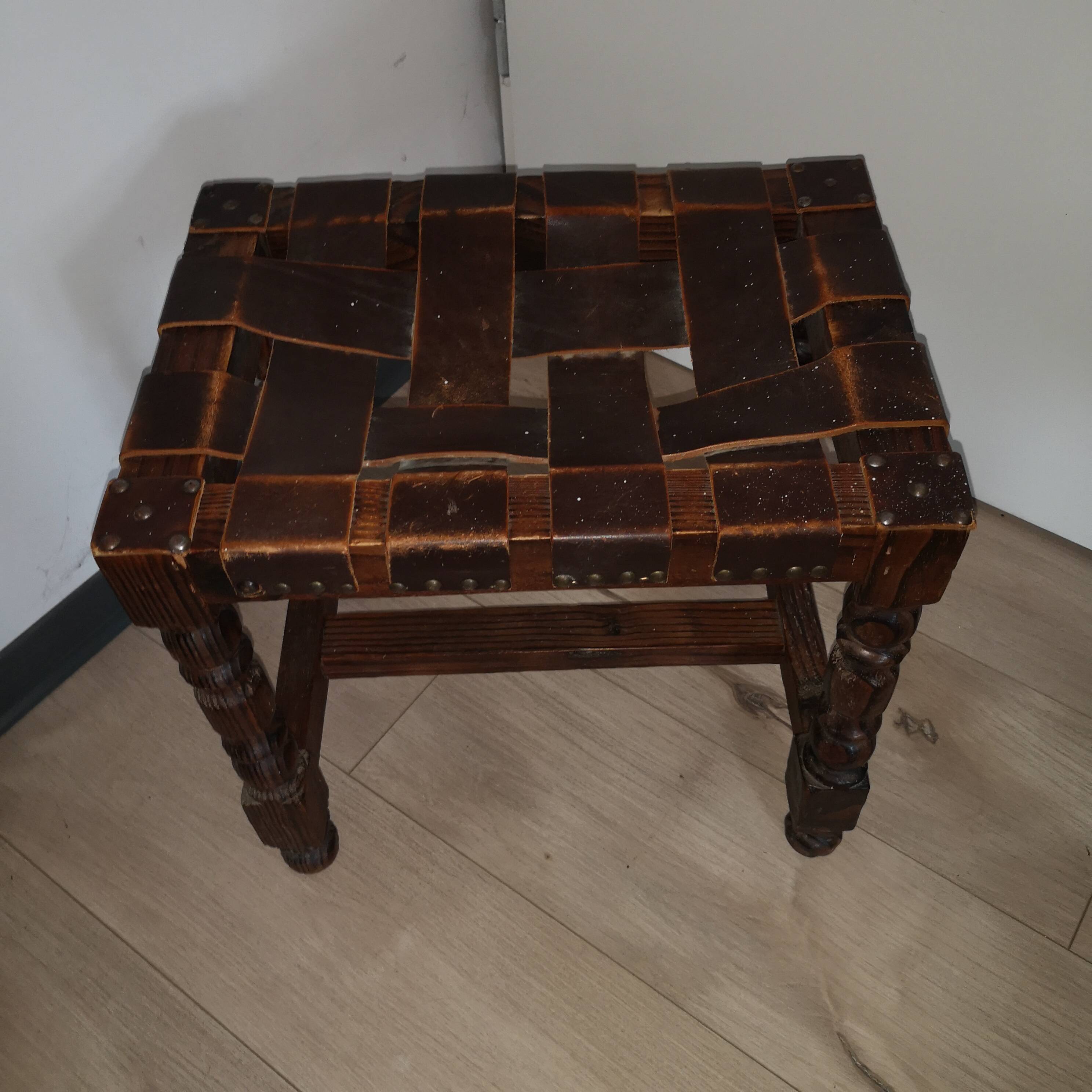 brutalist Spanish vintage leather stool 1960s