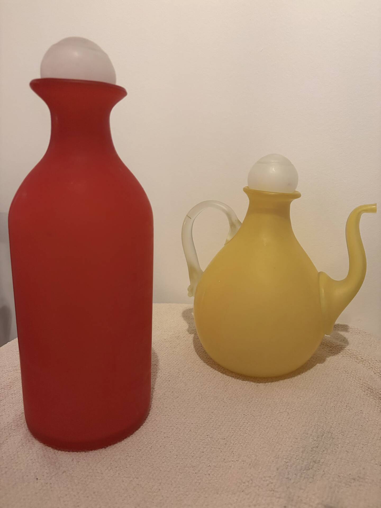 Stunning Duo of Mid-Century Frosted Satin Glass Carafes & Decanters