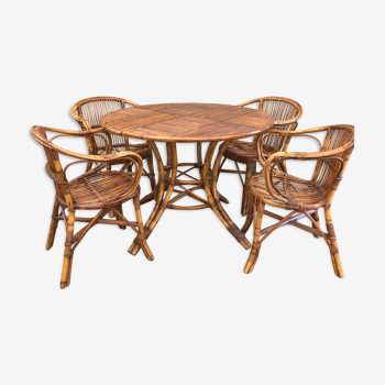 Table et 4 fauteuils en rotin vintage