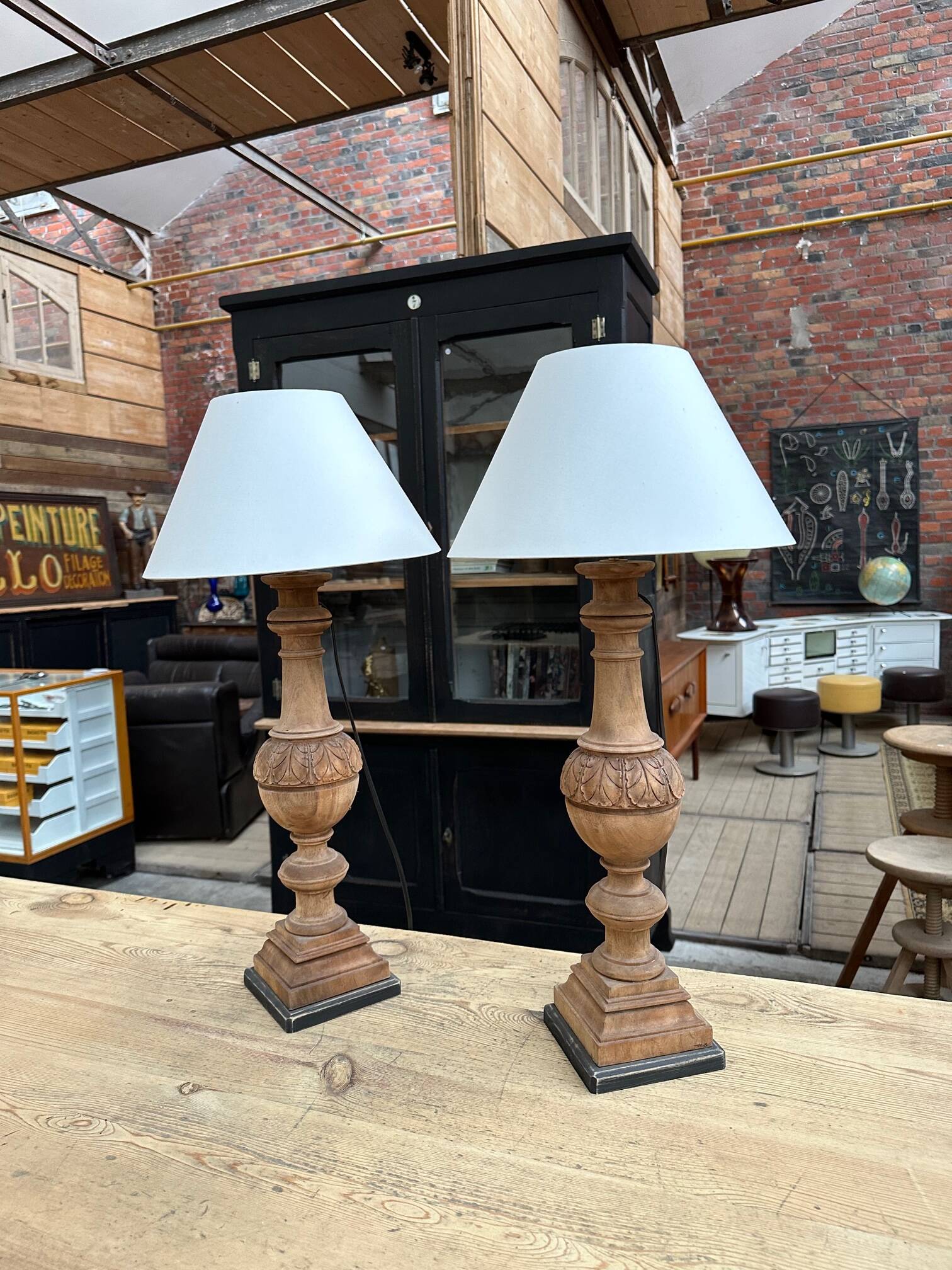 Pair of wooden base lamps