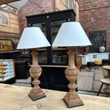 Pair of wooden base lamps
