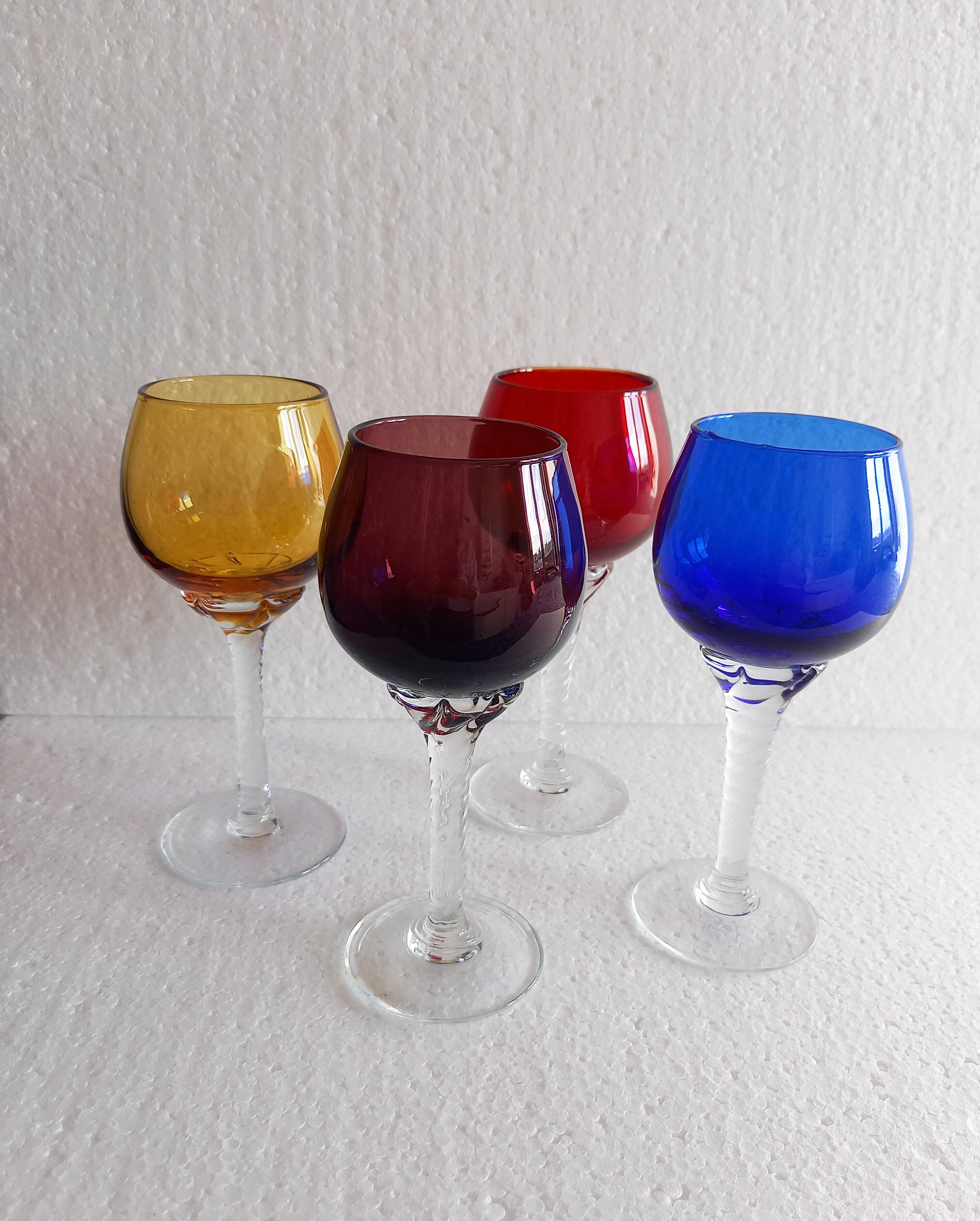 4 Antique Stemmed Liqueur Glasses in Colored Blown Glass
