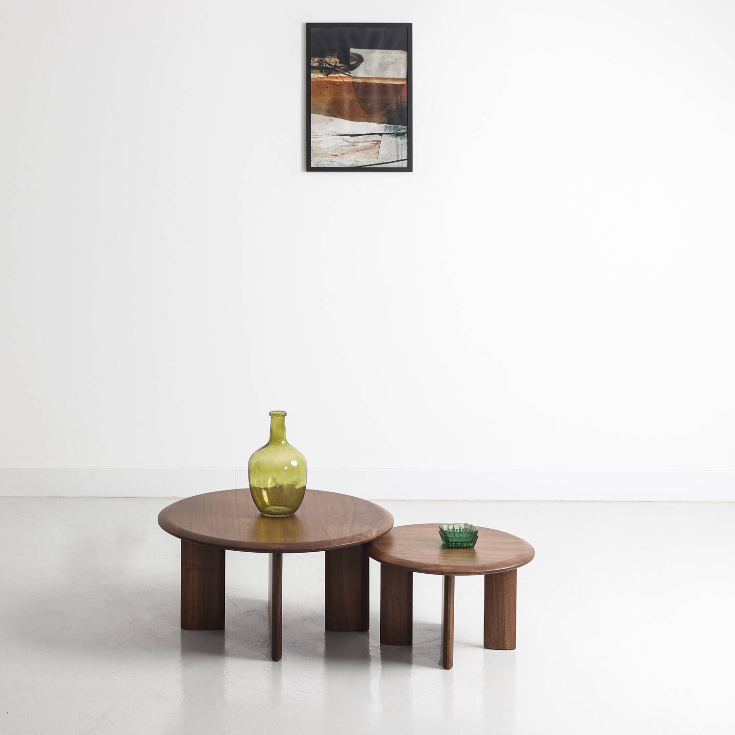 Duo of solid walnut coffee tables with a contemporary design base