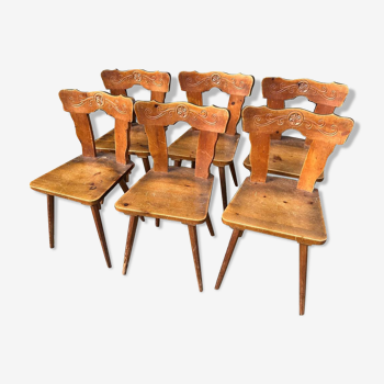 Lot de 6 chaises montagnardes en sapin art populaire