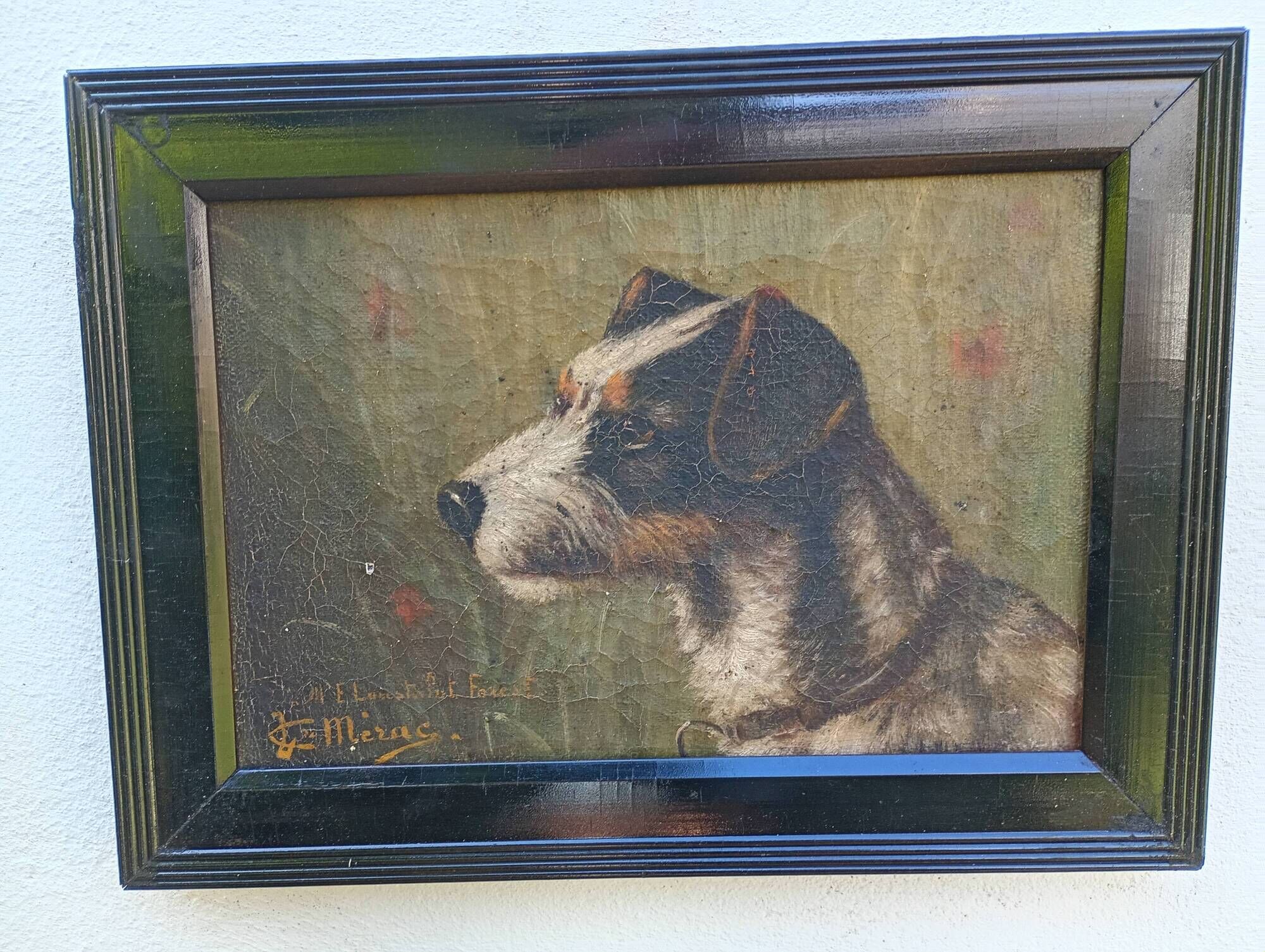Ancient oil on canvas portrait of a Fox Terrier dog signed – Painting an