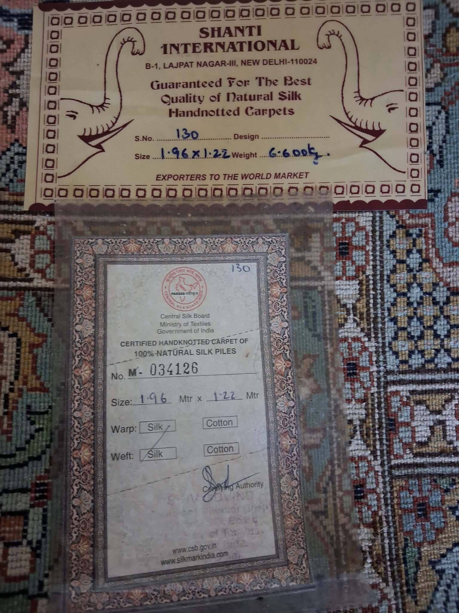 Handmade Indian Kashmiri silk rug 196x122cm