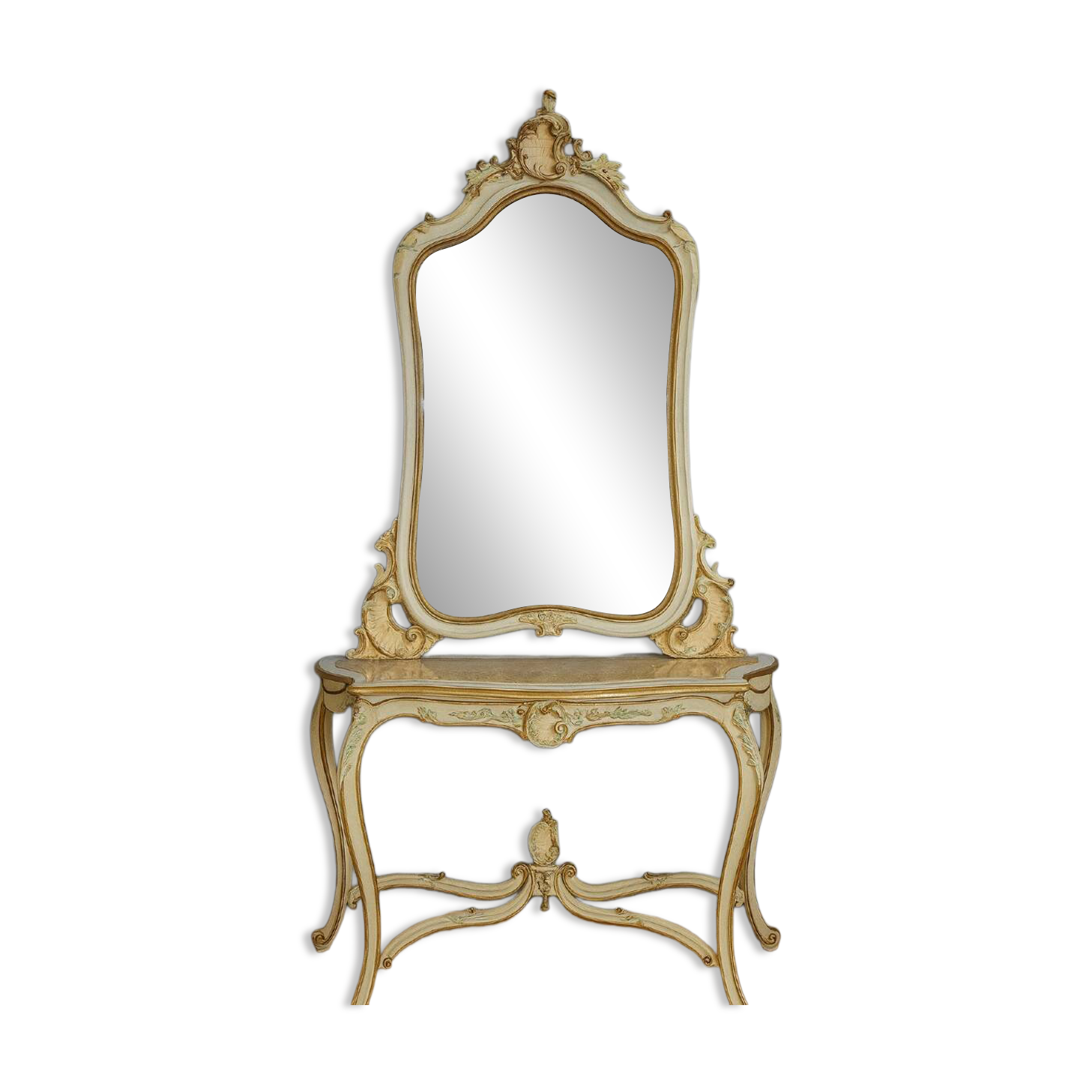 Console + grand miroir de style Louis XV en bois laqué et doré