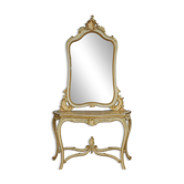 Console + large Louis XV style mirror in lacquered and gilded wood