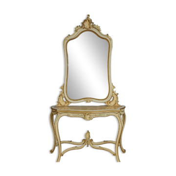 Console + grand miroir de style Louis XV en bois laqué et doré