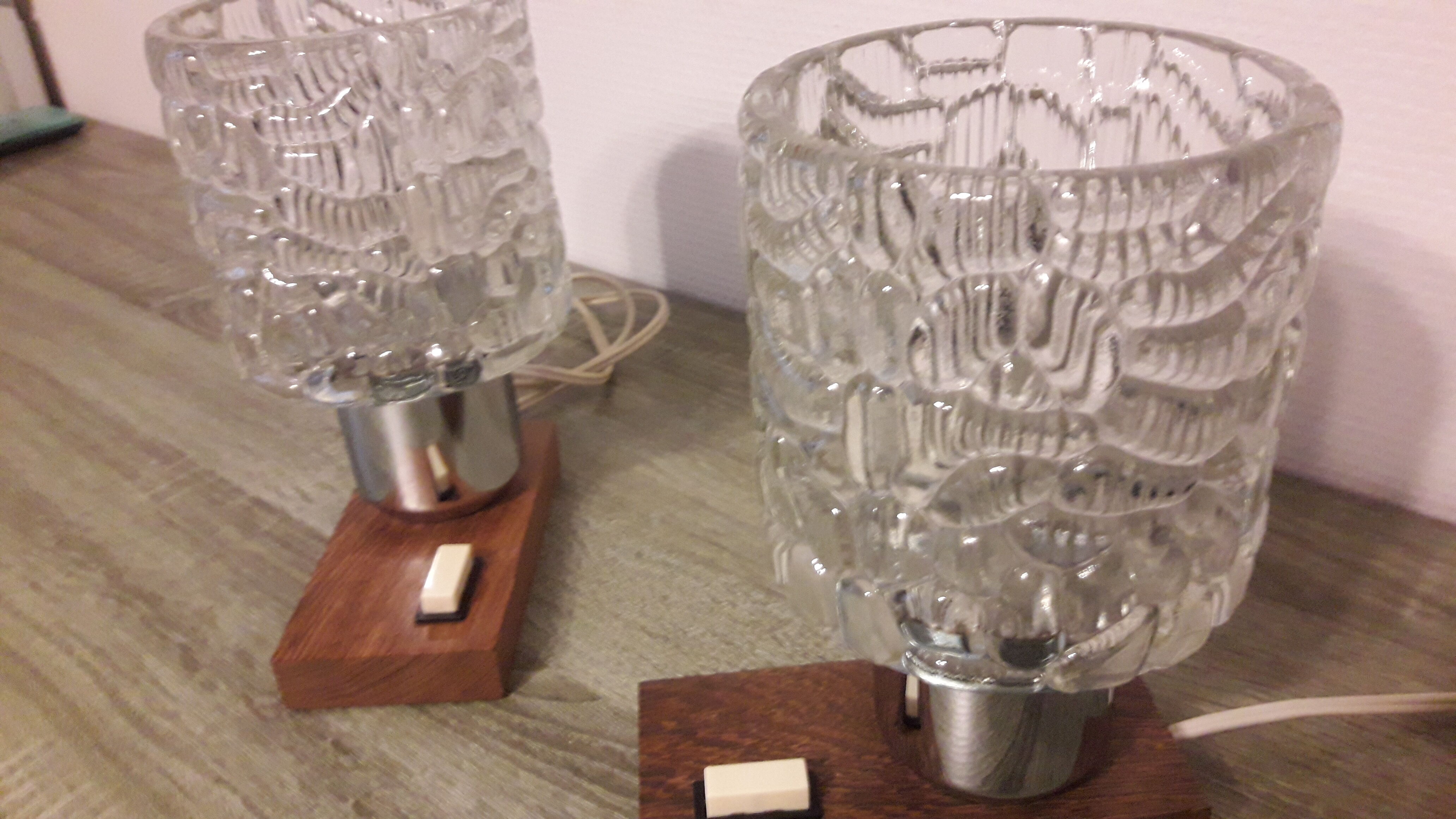 Pair of glass and wood bedside lamps
