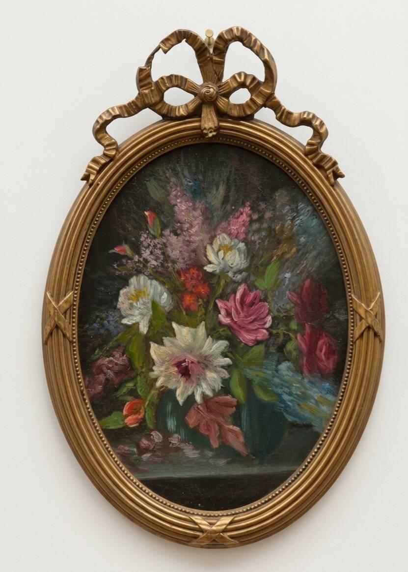 Oil Flower Painting - Oval Frame with Bow in Louis XVI Style - 1950