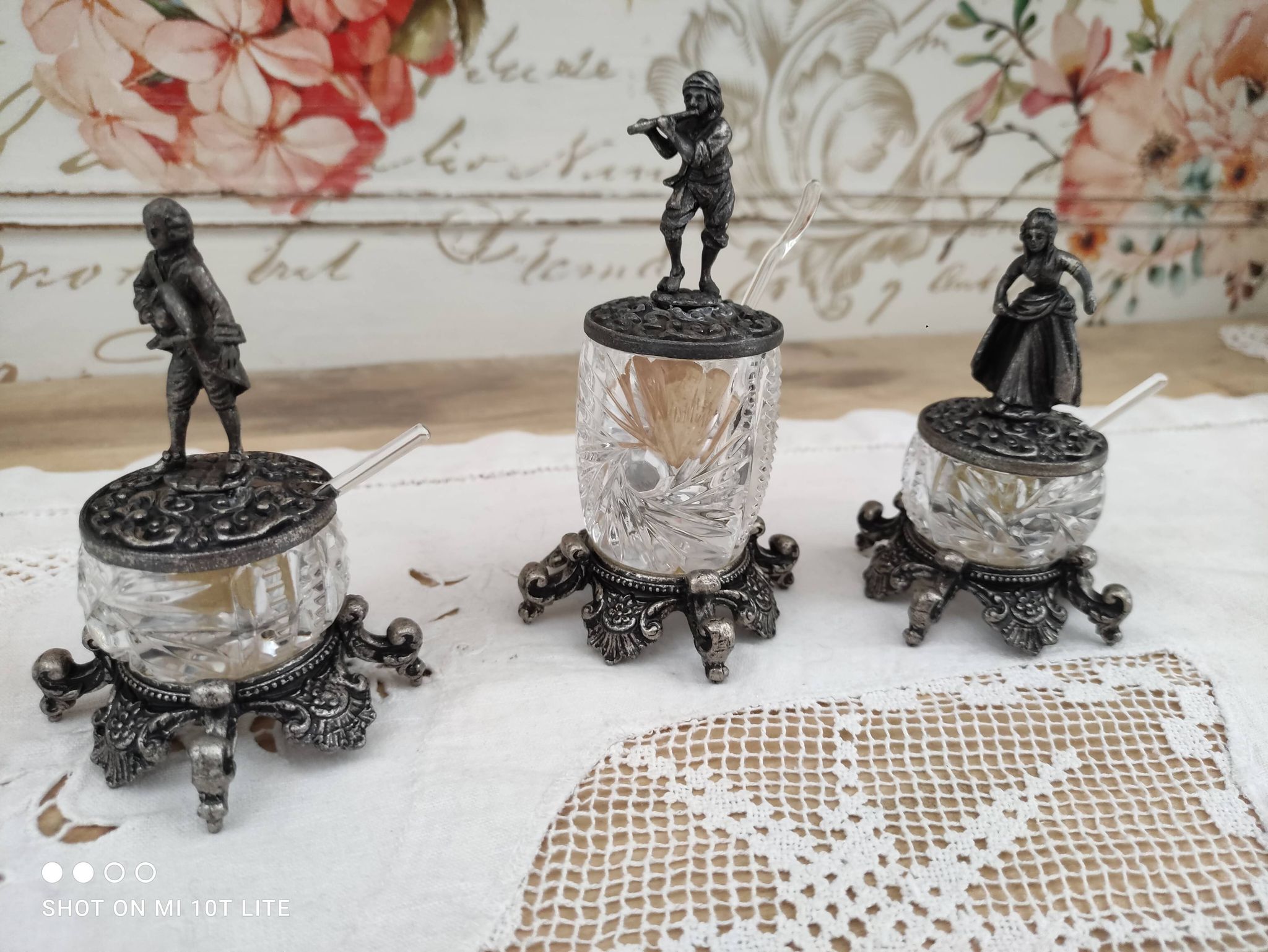 Trio of salters and mustard makers made of Bavarian crystal and bronze