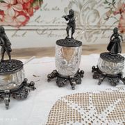 Trio of salters and mustard makers made of Bavarian crystal and bronze