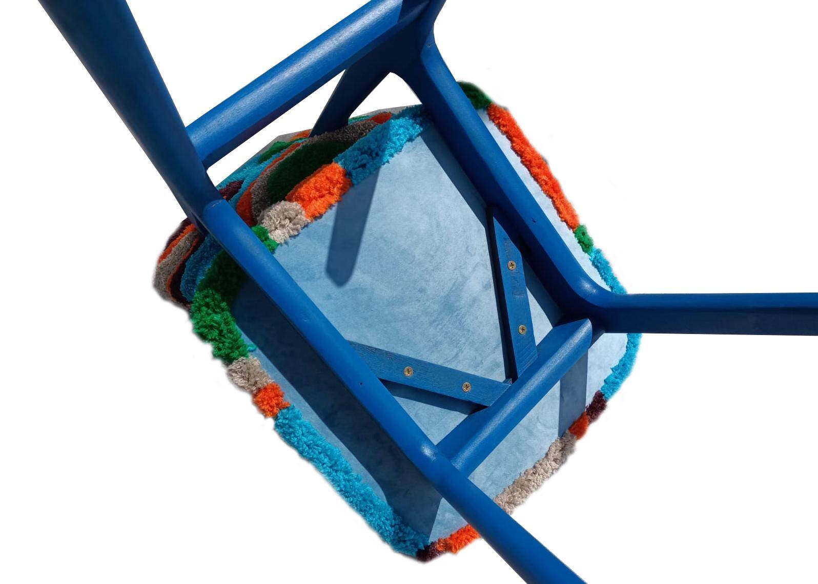 Mid-century chair with manual tufting, blue wood, Rajmund Halas, Poland, 1960s